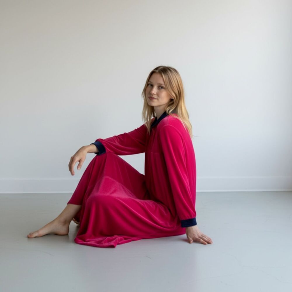 Vintage Christian Dior Pink & Blue 1970s Loungewear House Dress Robe - Large